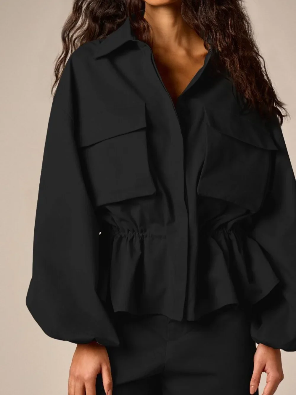 Black Casual Women's Oversized Peplum Shirt with Balloon Sleeves Cargo Pockets